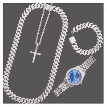 16mm Cuban Link Chain, Rope Cross Chain, Blue Face Watch, Bracelet Set - Velora Luxury Fashion