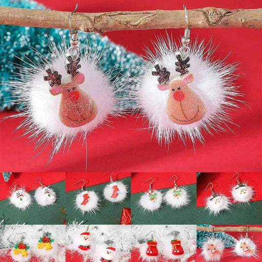 Winter Snowflake Hair Ball Earrings Ins Cute Christmas Elk Santa Claus Stock Element Earrings Women Jewelry - Velora