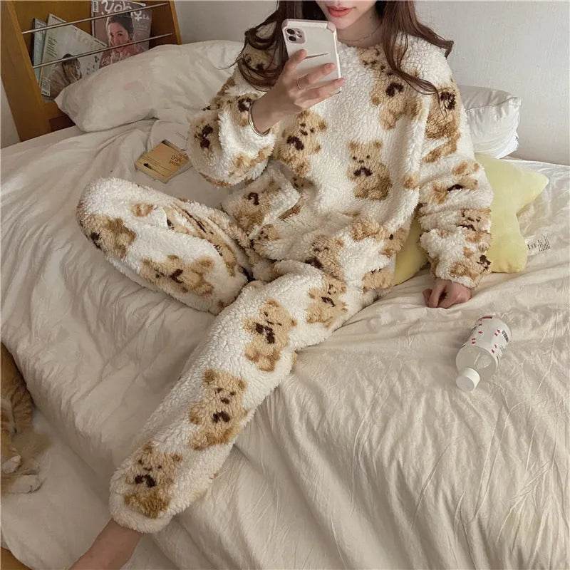 Polar Bear Fleece Winter Home Lounge wear Pajamas Set Women - Velora