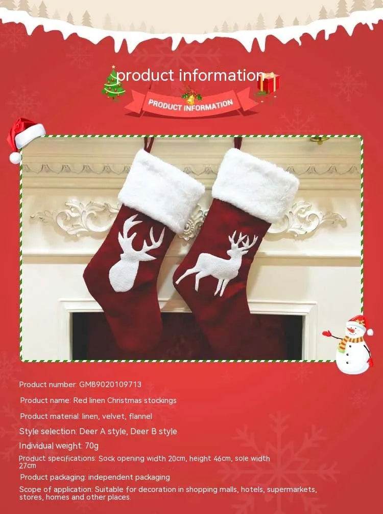 Christmas Stockings Gift Bag Red Hemp Elk Embroidery Christmas Stockings Gift Pendant - Velora