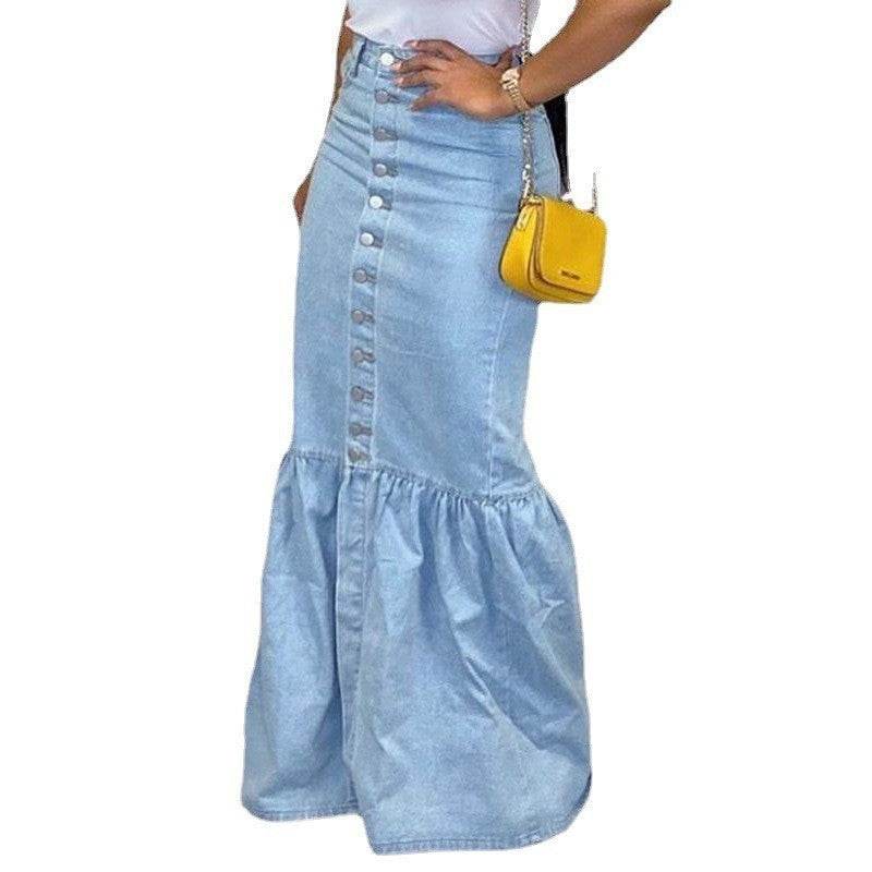 Women's Slim-fit Peplum Patchwork Long Denim Skirt fish tail style Jeans Skirt - Velora