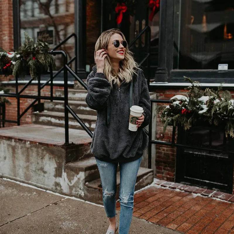 Women's Polerones Fleece Hoodie Pullover fall Winter Zipper Pocket Sweatshirt - Velora