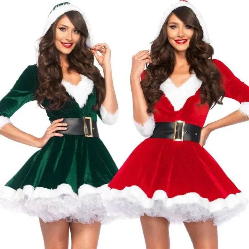 Women Christmas Dress Sexy Santa Claus Hoodie Cosplay Costumes Women Evening Party Clothes Winter Warm Dresses - Velora