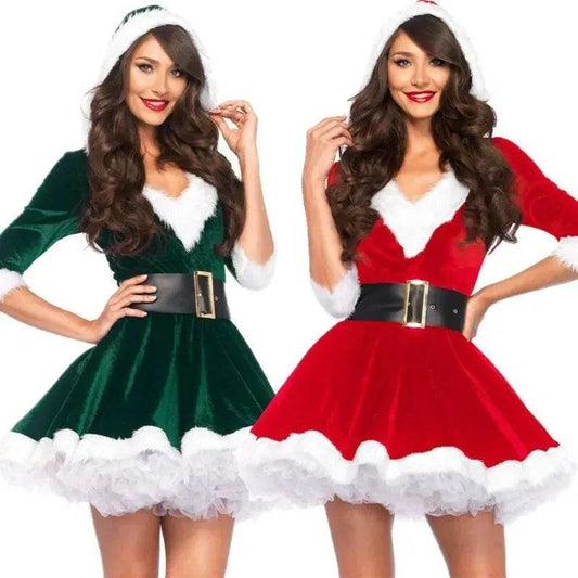 Women Christmas Dress Sexy Santa Claus Hoodie Cosplay Costumes Women Evening Party Clothes Winter Warm Dresses - Velora