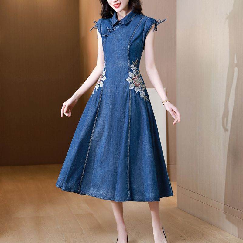 New Modified Version Denim Jeans Flared Midi Dress Female Machine Embroidery Retro - Velora