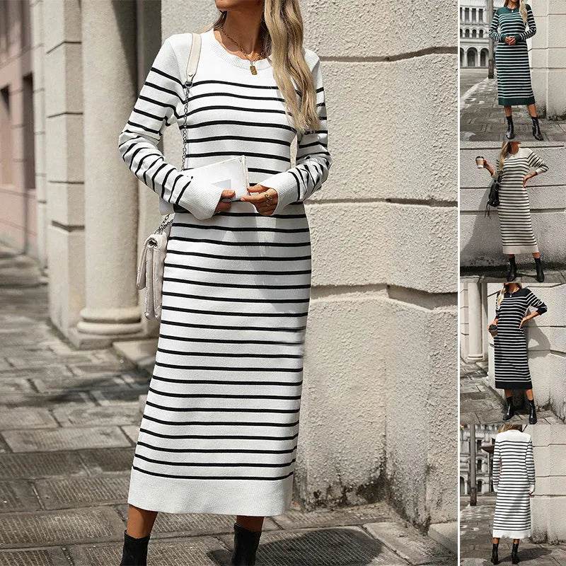 Slim Striped Printed Long Cashmere Dress Autumn And Winter Long Sleeve Dresses For Women - Velora