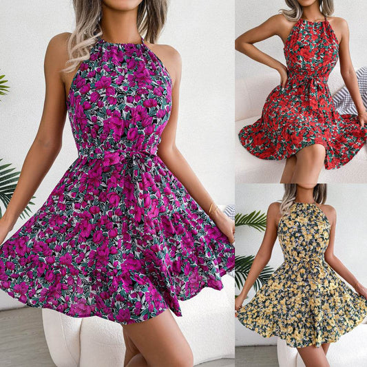 Casual Spring Summer Tie Belt Halter neck Swing Floral mini dress - Velora