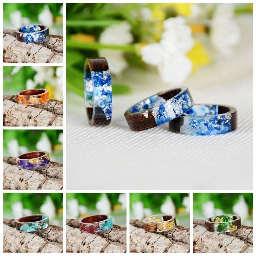 Handmade DIY romantic dry flower Real wood resin ring gold / silver paper inside ring women wedding party ring gifts for the lover - Velora
