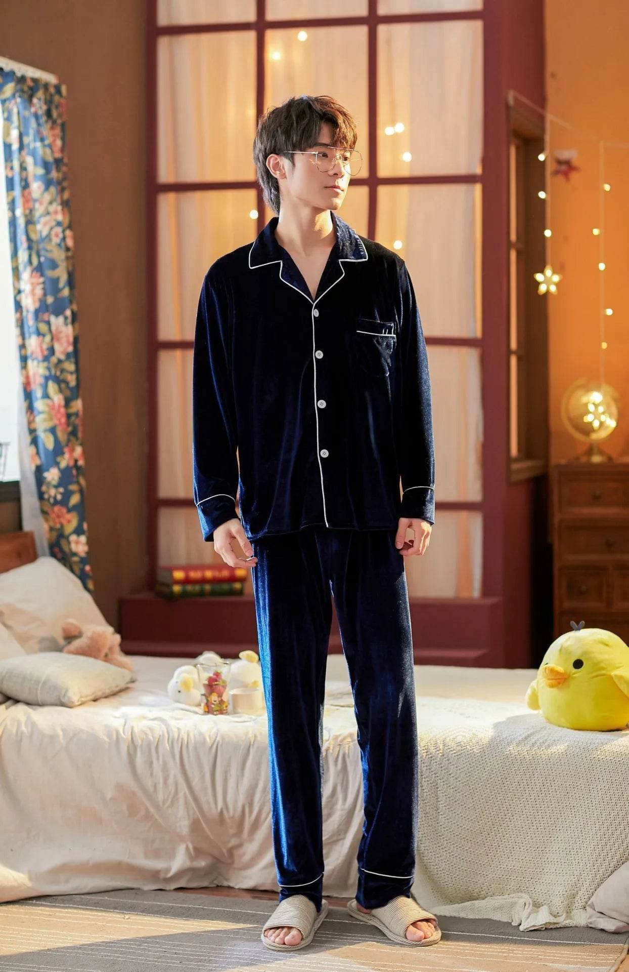 2pcs Couple Gold Velvet Long Sleeve Pajamas set - Velora