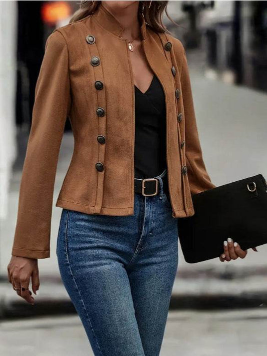 Solid Short Jacket Double Breasted Decorative Design Fashion Retro Suede Long Sleeve Outwear Tops Coat For Womens Clothing - Velora