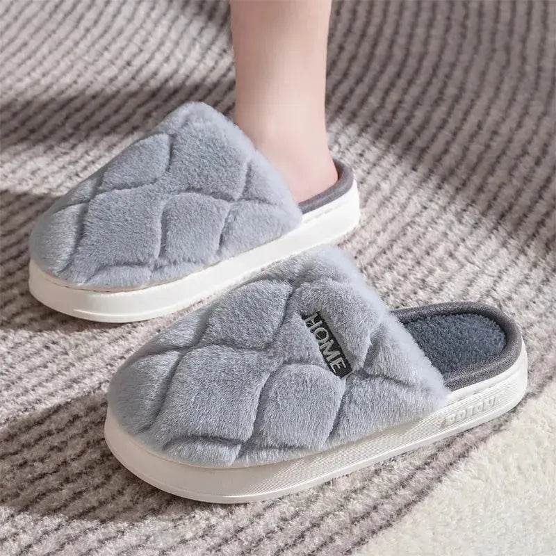 Plush Slippers Winter For Women Indoor Floor Bedroom Home Slipper Warm Solid House Shoes Men Couple - Velora