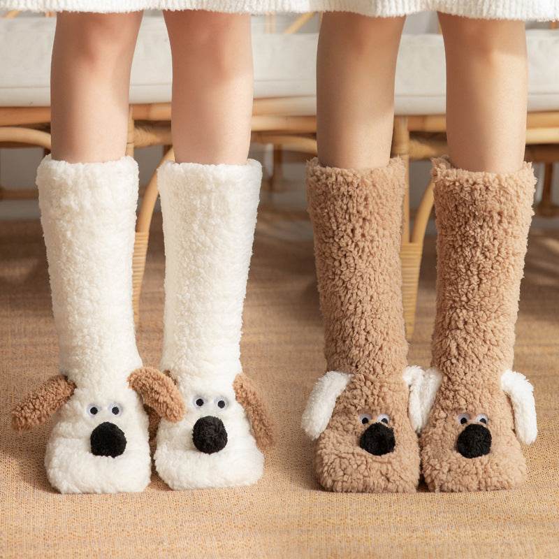 Cute Cartoon Dog Floor Socks Winter Warm Non-slip Plush Socks For Women - Velora
