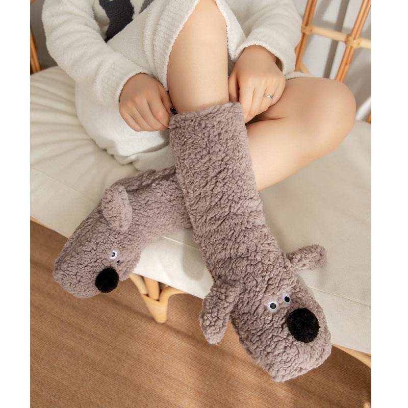 Cute Cartoon Dog Floor Socks Winter Warm Non-slip Plush Socks For Women - Velora