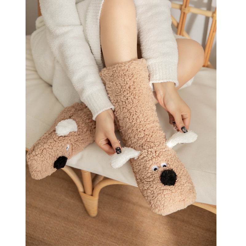 Cute Cartoon Dog Floor Socks Winter Warm Non-slip Plush Socks For Women - Velora