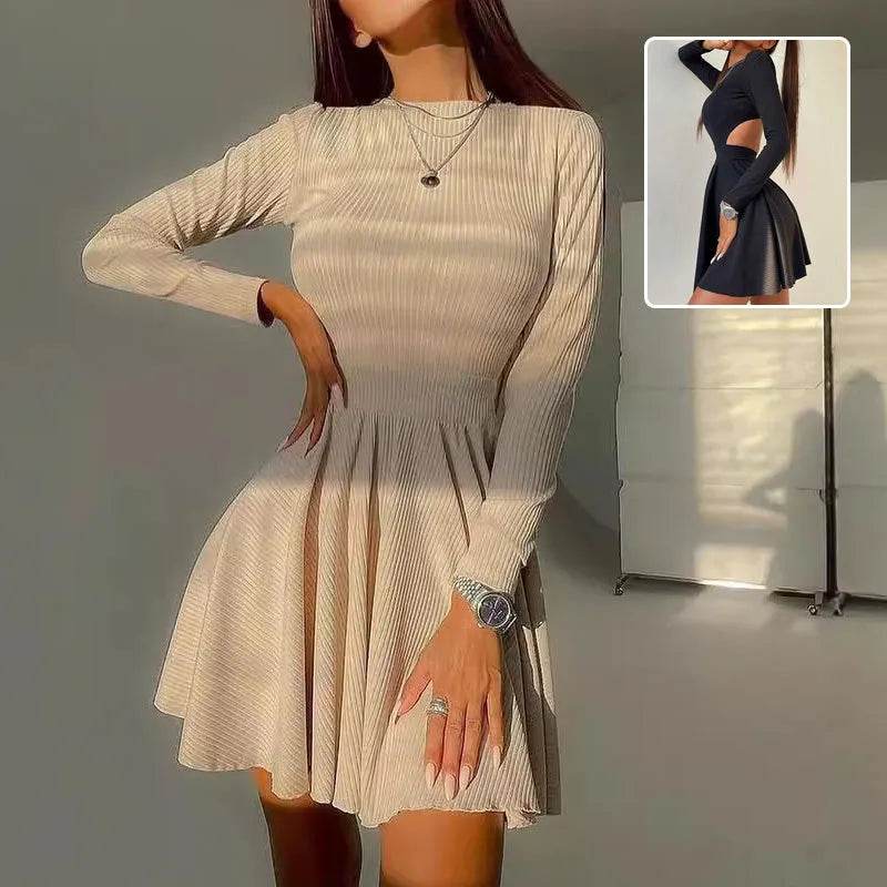 Y2K Long-sleeved Party Club Dress Solid Color Round Neck A-line Mini Skater Dress - Velora
