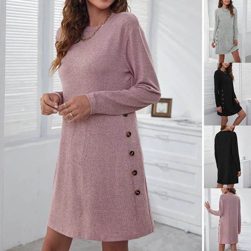 Long-sleeved Round-neck Straight Dress Fashion Casual Loose Solid Color Dress For Women Fall Spring Clothing - Velora
