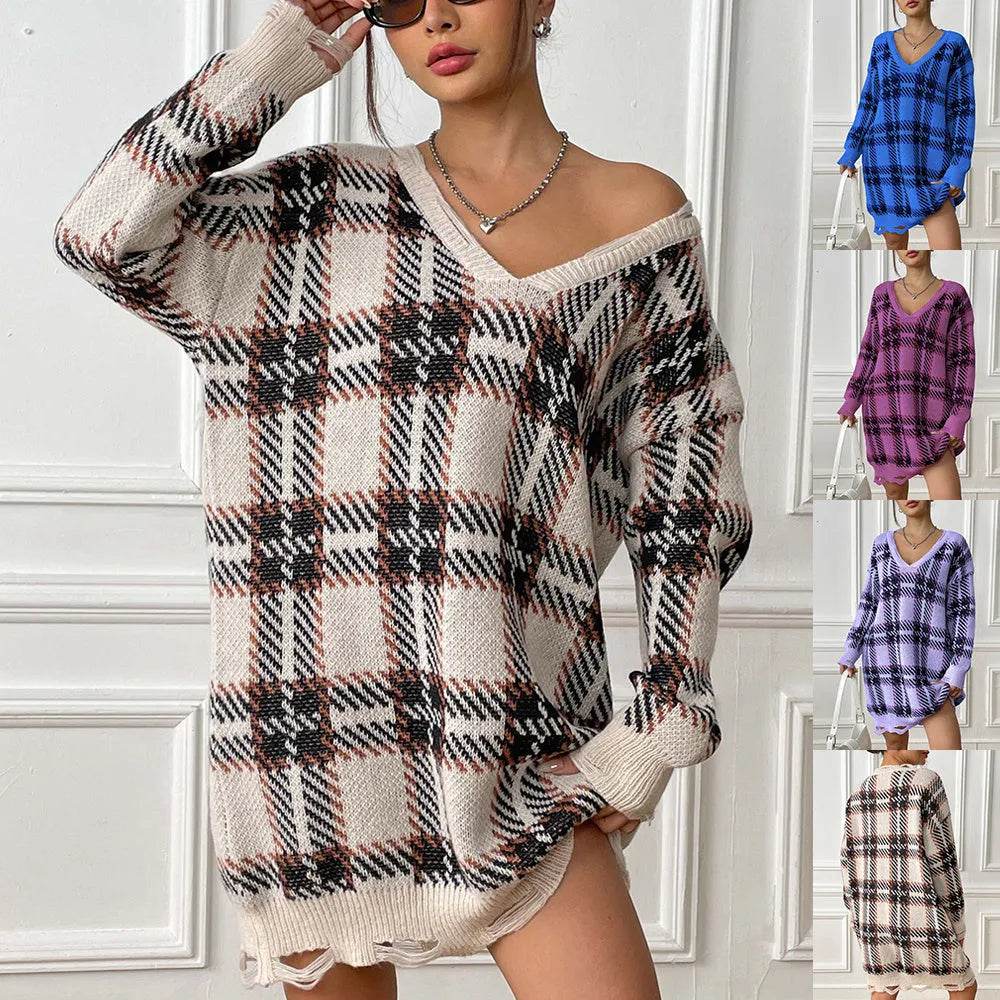 Deer Plush V-neck Long Sleeve Plaid Winter Jumper Mini dress - Velora