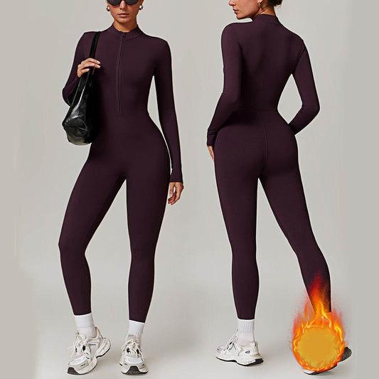 Warm Zipper Long-sleeved Jumpsuit Yoga Fitness Sports Pants Breathable Bodysuit Women's Clothing - Velora