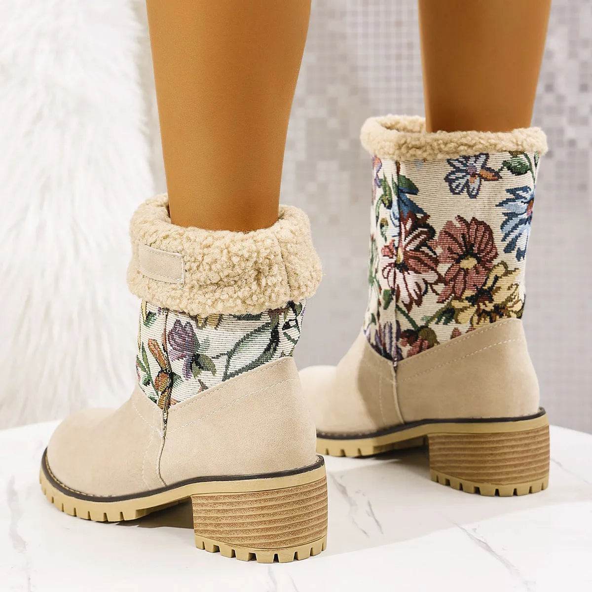Flowers Embroidered Snow Boots Ethnic Style Platform Thick Square Heel Mid-tube Boot Winter Warm Cotton Shoes For Women - Velora