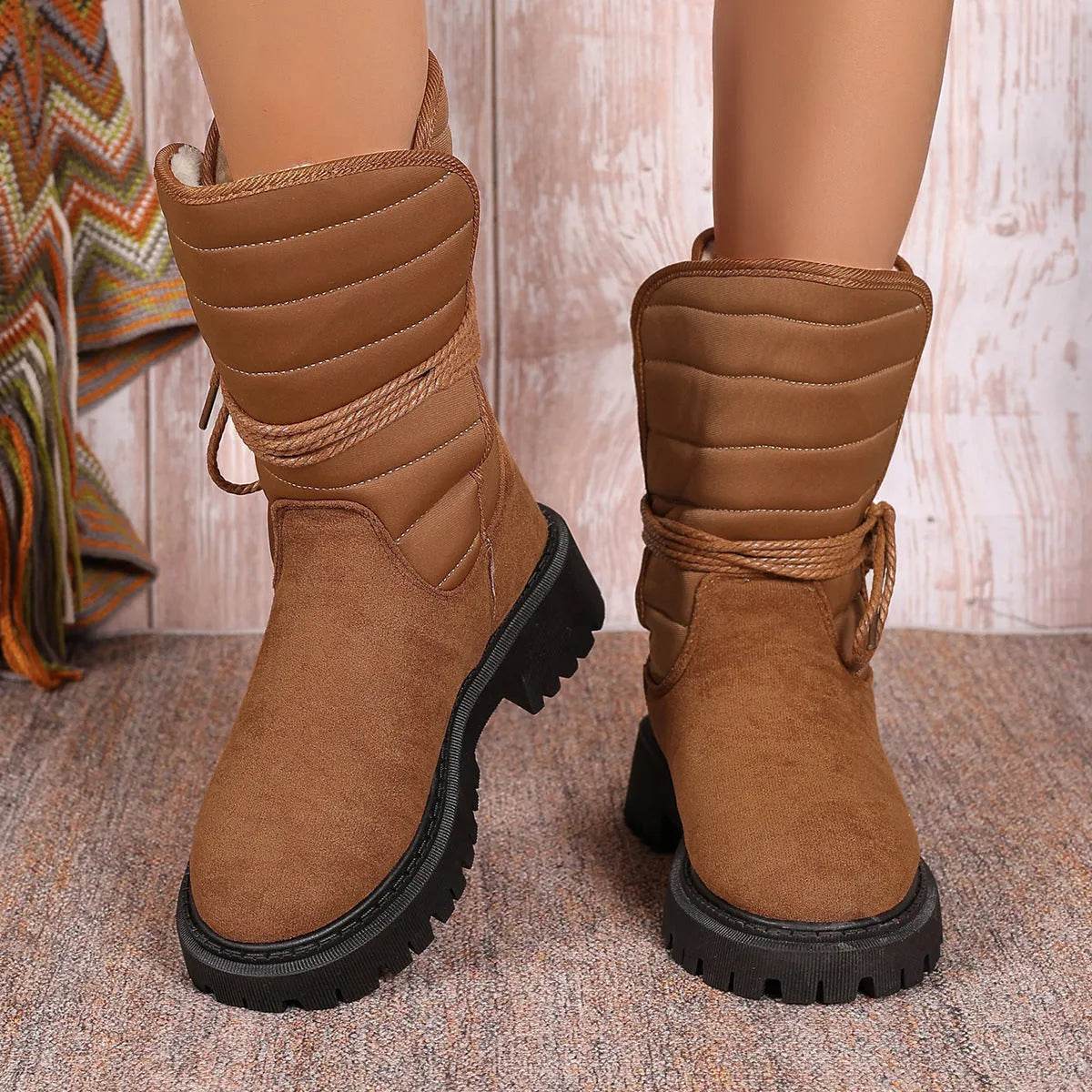 New Chunky Heel Mid-tube Snow Boots Winter Warm Fleece Boot With Lace-up Design Fashion Casual Shoes For Women - Velora