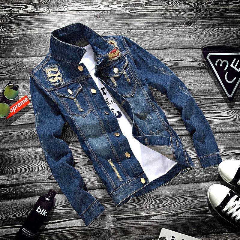Fashion lapel men's denim jacket jacket men casual Jeans - Velora