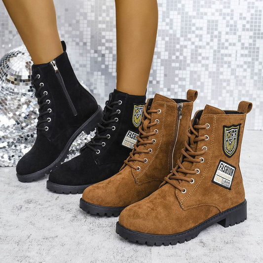 Fashion Lace-up Chunky Heels Boots Winter Round Toe Shoes For Women - Velora