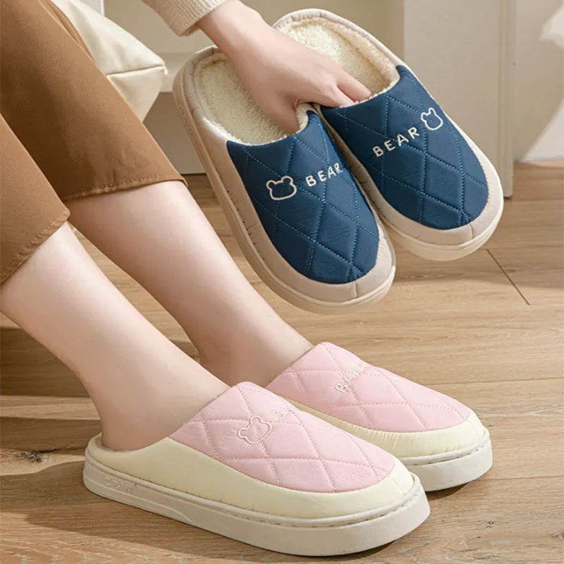 Rhombic Sewing Plush Slippers For Men Winter Warm Non-slip House Shoes Women's Bedroom Floor Home Slipper Couple - Velora