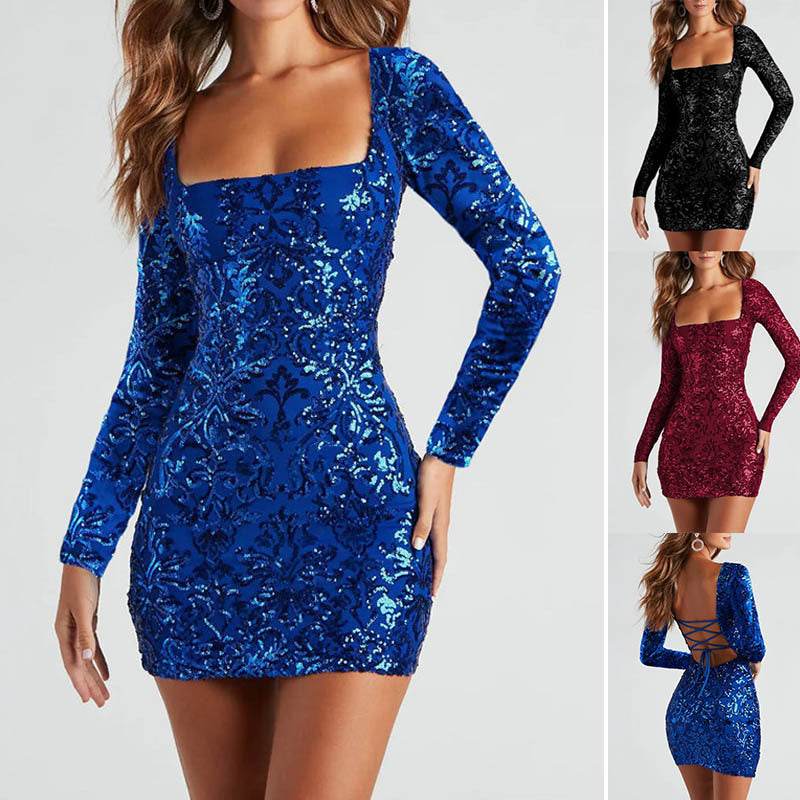 Sexy Backless Sequins Dress Fashion Slim Square Neck Long Sleeves Dresses Women Clothing - Velora