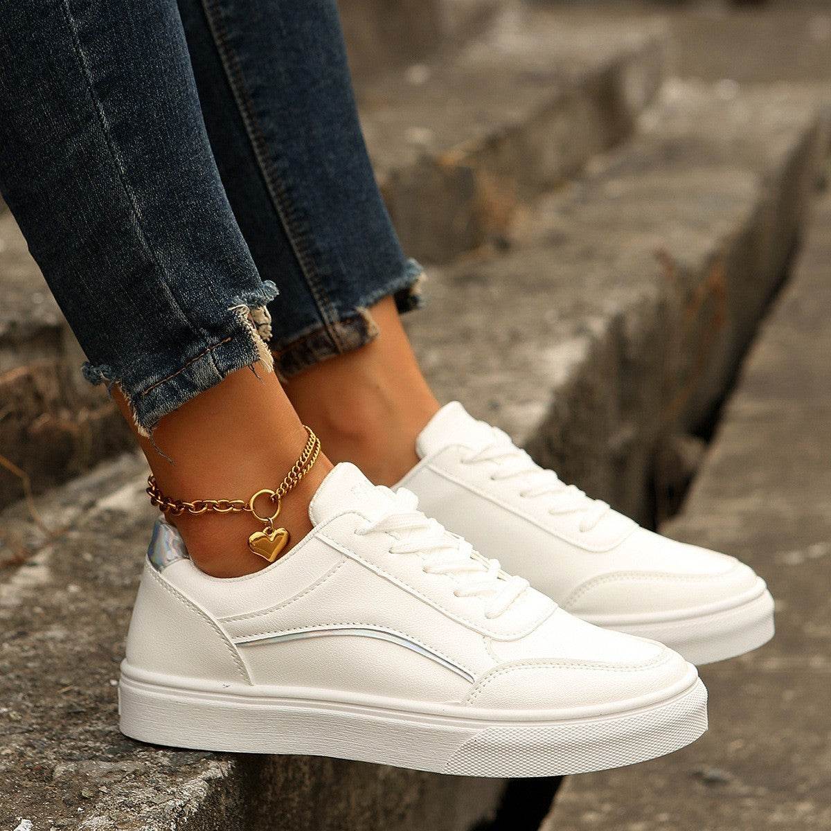 Lace-up White Flats Shoes Fashion Round Toe Slip-on Thick Sole Casual Shoes For Women - Velora