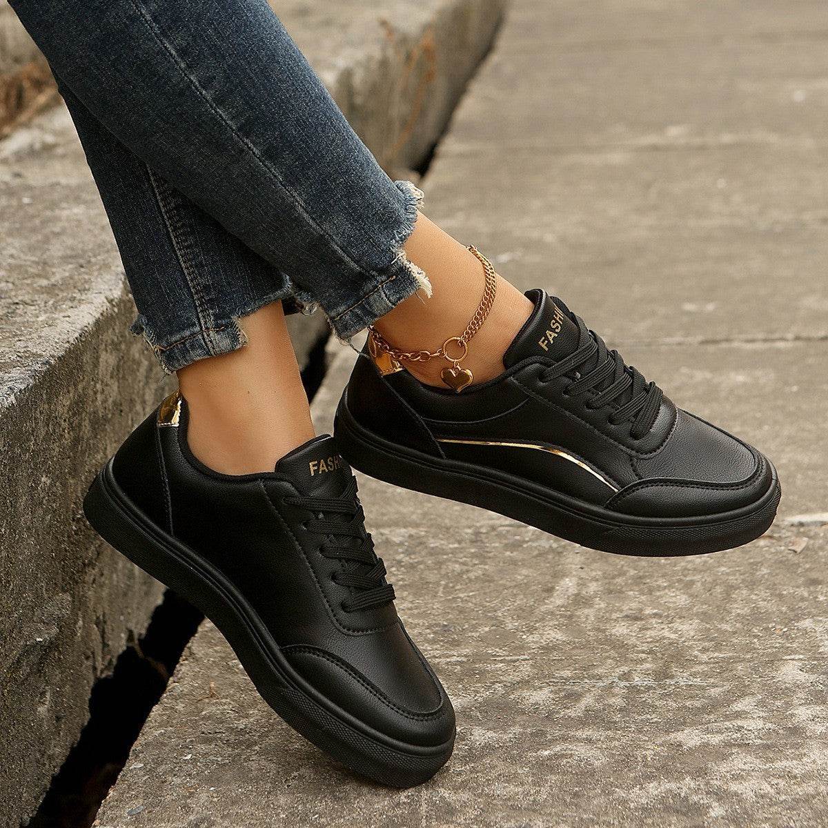 Lace-up White Flats Shoes Fashion Round Toe Slip-on Thick Sole Casual Shoes For Women - Velora