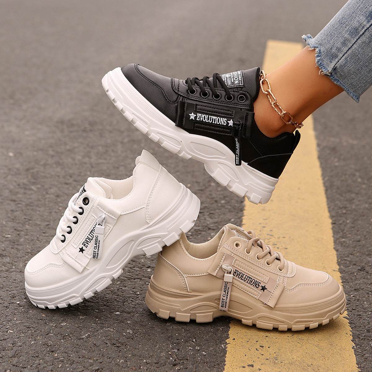 Lace-up Sports Shoes With Side-Zipper Design Fashion Thick-soled Round-toe Casual Shoes For Women Sneakers - Velora