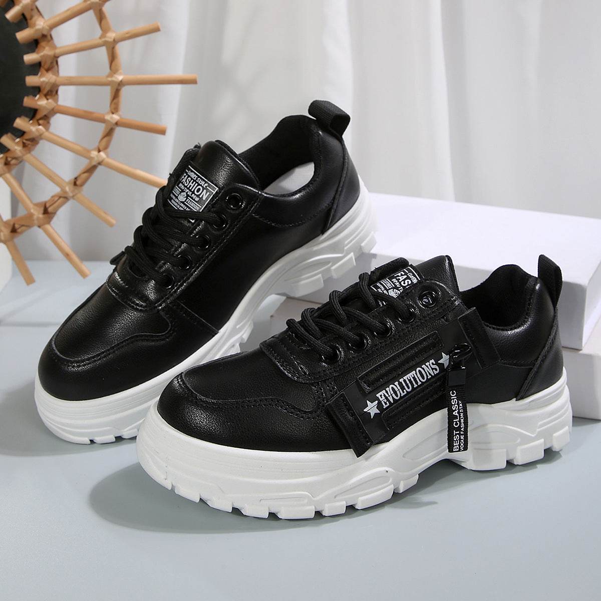 Lace-up Sports Shoes With Side-Zipper Design Fashion Thick-soled Round-toe Casual Shoes For Women Sneakers - Velora