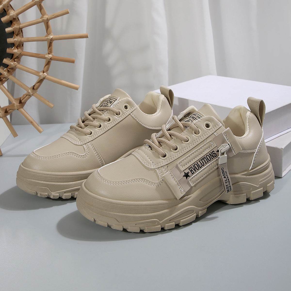 Lace-up Sports Shoes With Side-Zipper Design Fashion Thick-soled Round-toe Casual Shoes For Women Sneakers - Velora
