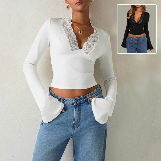 Slim V-neck Lace T-Shirt Ins Fashion Trumpet Sleeve Long-sleeved Top Women Clothing - Velora