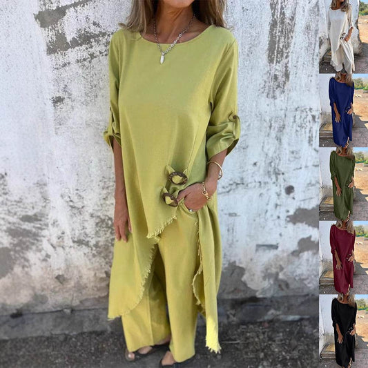Loose Irregular Long Suit With Metal Button Design Round Neck Long-sleeved Top And Straight Trousers Fashion Wide-leg Pants Women's Clothing - Velora