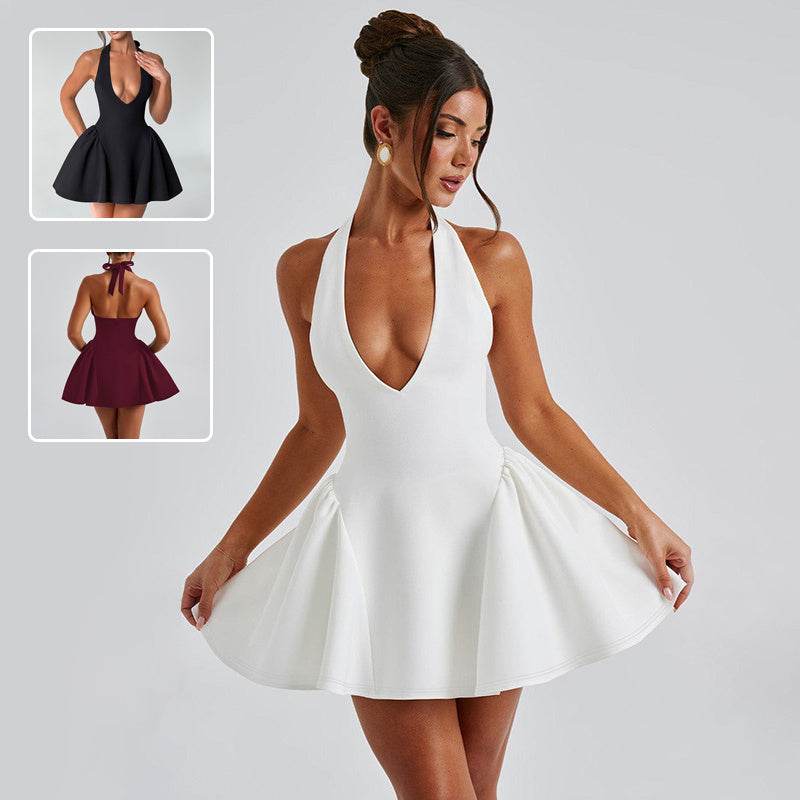 Elegant Ladies Deep V-neck flared Halter Neck Mini dress for Party Club Date - Velora