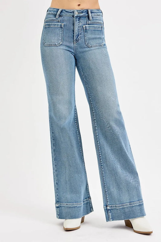 RISEN Full Size High Rise Wide Flare Patch Pocket Jeans Plus Size - Velora