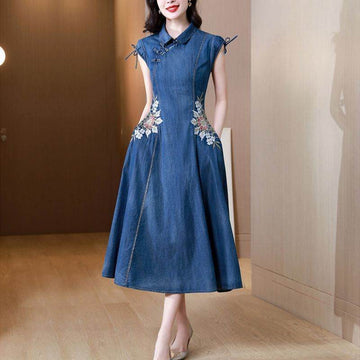 New Modified Version Denim Jeans Flared Midi Dress Female Machine Embroidery Retro