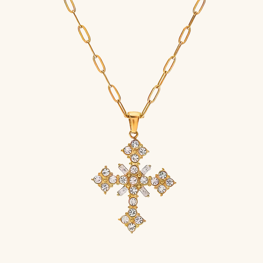 18k Gold-Plated Crystal Cross Necklace with Paperclip Chain – Waterproof, Hypoallergenic Jewelry for Women - Velora