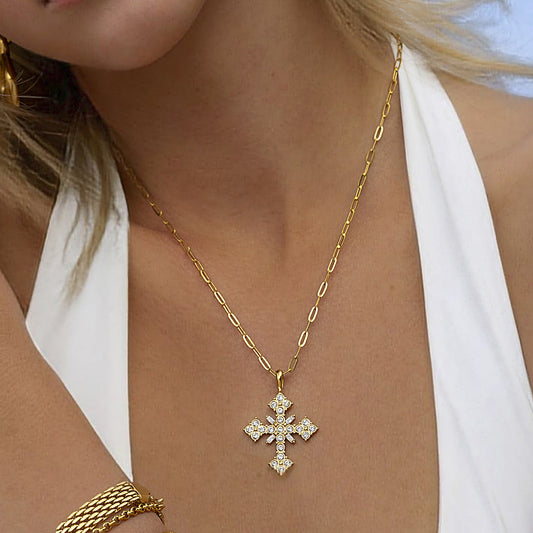 18k Gold-Plated Crystal Cross Necklace with Paperclip Chain – Waterproof, Hypoallergenic Jewelry for Women - Velora
