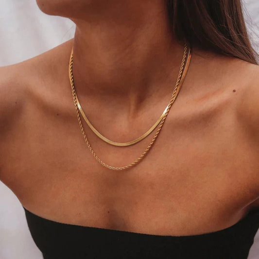 18k Gold Plated Layered Herringbone and Rope Chain Necklace for Women - Elegant Gold Necklace - Velora