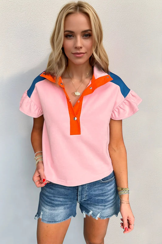 Oh Full Size Contrast Half Snap Short Sleeve Blouse - Velora