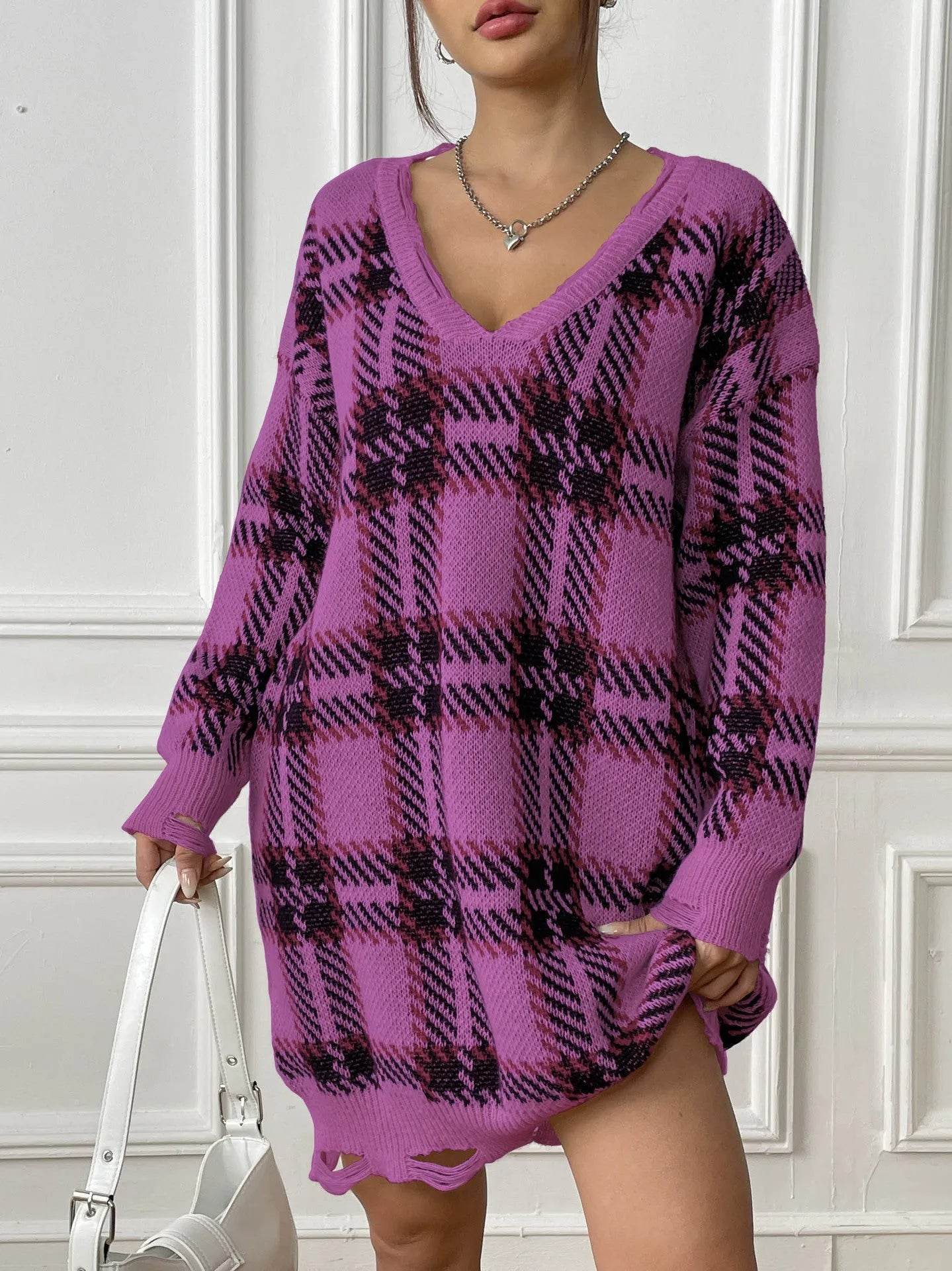 Deer Plush V-neck Long Sleeve Plaid Winter Jumper Mini dress - Velora