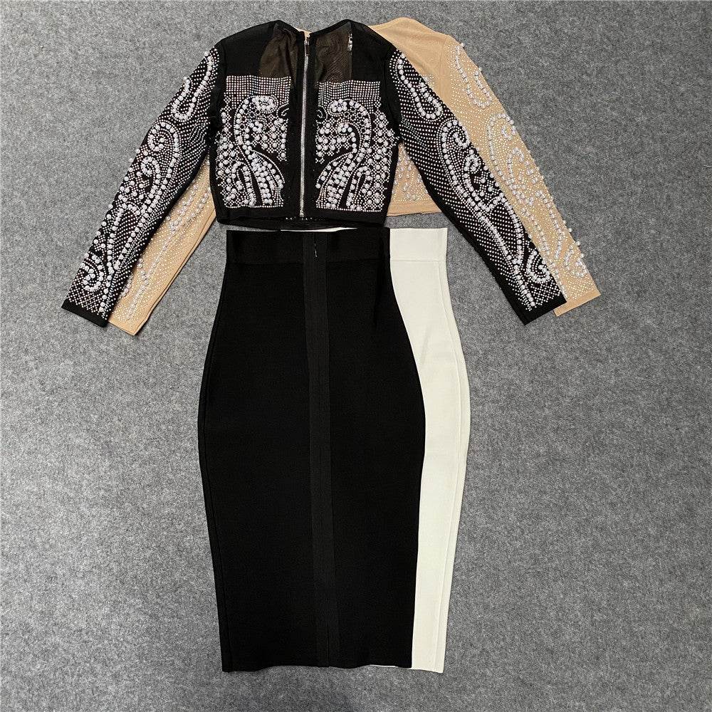 2pcs Beaded Studded Long Sleeve Mesh top and Midi Pencil skirt for work - Velora