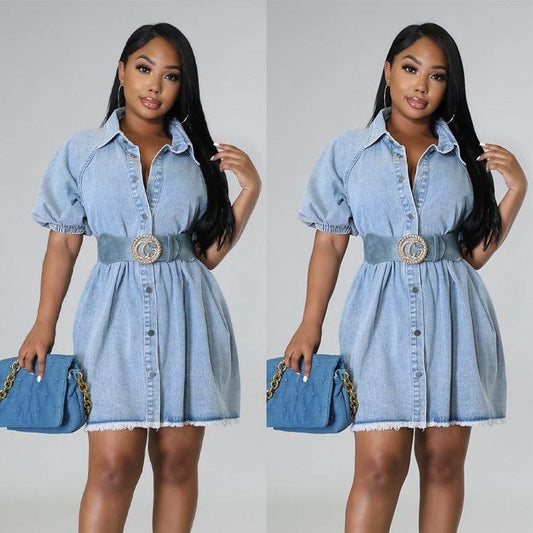 Women's Casual Cardigan Lapel Shirt Denim Dress - Velora