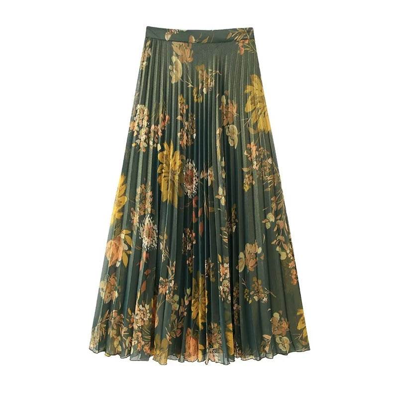 2pcs Floral Satin Skirt suit Long sleeve button shirt and Pleated Midi Skirt Outfit set - Velora