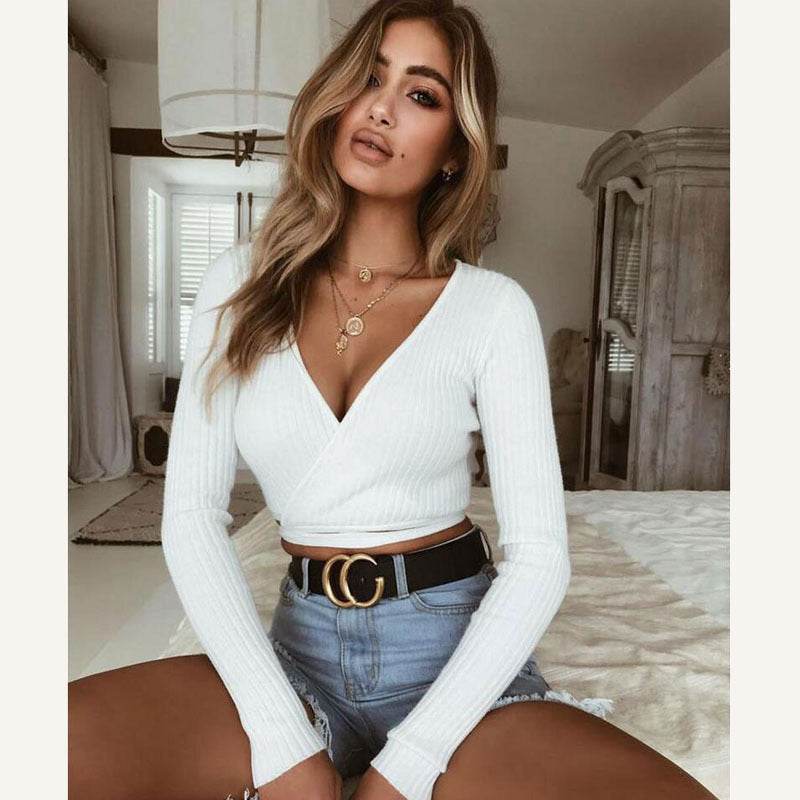 Sexy Women Ladies Summer Slim Crop Tops Long Sleeve T Shirt Casual Solid V Neck Knitted Short Tops - Velora