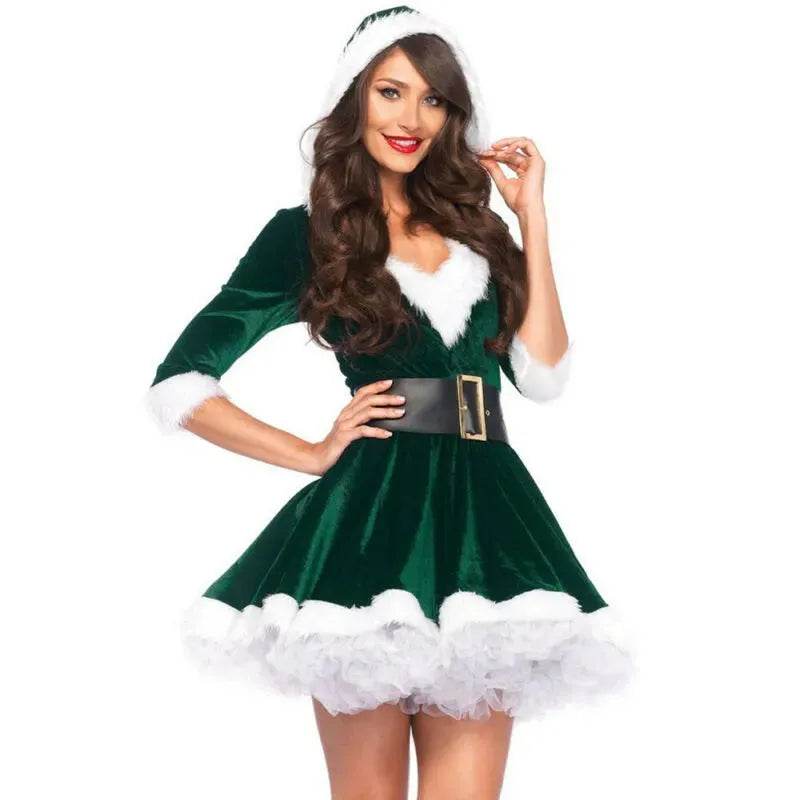 Women Christmas Dress Sexy Santa Claus Hoodie Cosplay Costumes Women Evening Party Clothes Winter Warm Dresses - Velora