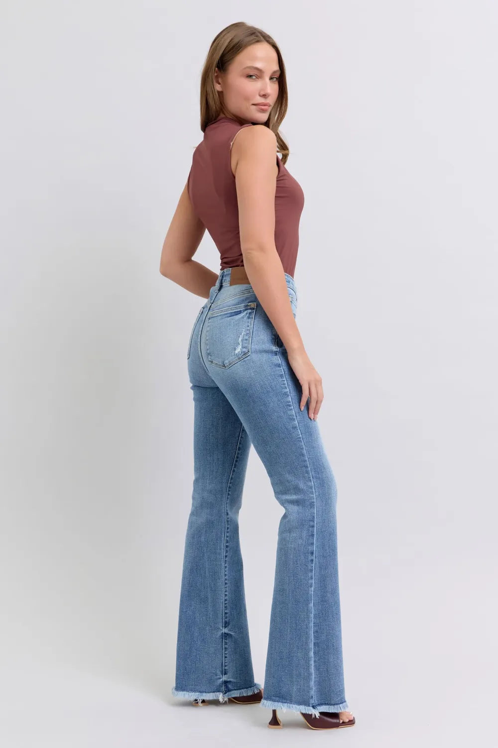 Judy Blue Full Size Raw Hem High Rise Bootcut Jeans - Velora