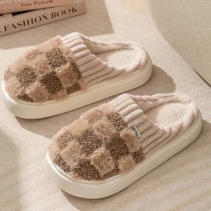 Plaid Plush Slippers Women's Indoor Plush Home Slippers Soft Sole Thick Non-Slip Warm House Shoes Couple Autumn And Winter - Velora